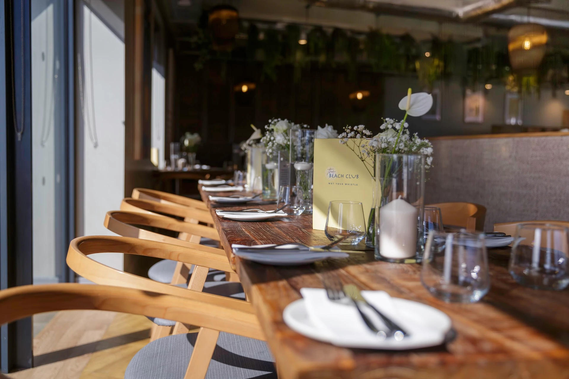A serene restaurant setting features a wooden table with white plates, silverware, and a green menu. A vase with white flowers and a yellow menu are on the table, while a gray wall with hanging plants and a window with a view of the outside create a tranquil atmosphere.