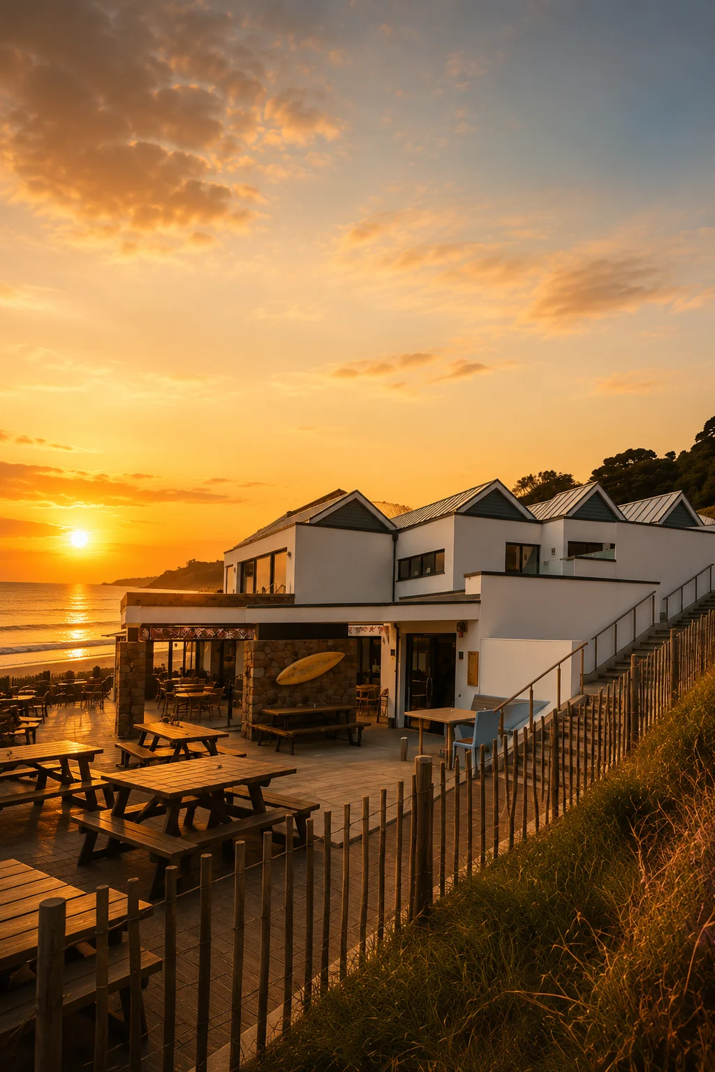 A serene sunset over a tranquil ocean scene features a white building with a black roof and multiple windows, surrounded by a wooden deck with picnic tables and chairs. The building is on a hill overlooking the ocean, with a fence and grassy area in the foreground. The sky is filled with orange and pink hues, casting a warm glow on the scene.