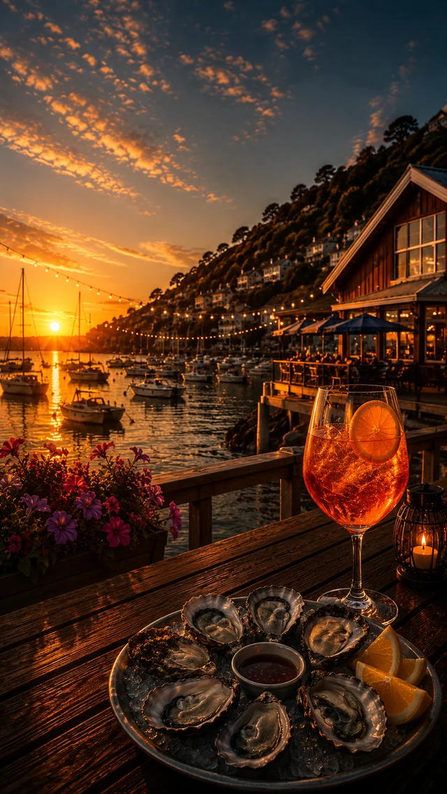 A serene sunset scene features a wooden deck with a tray of oysters and a glass of red wine, overlooking a harbor with boats and a wooden building. The sky is filled with orange and pink hues, and the scene is illuminated by warm, soft light. The image captures the tranquility and beauty of a sunset at a harbor.