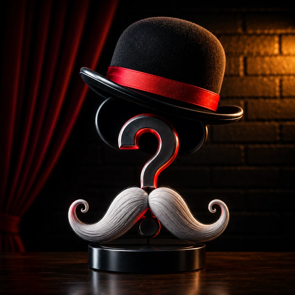 A black top hat with a red ribbon and a white mustache with a red bow sits atop a black stand, with a red curtain behind it. The stand is on a wooden table, and the hat and mustache are the main objects. The scene is set against a dark brick wall, creating a contrast between the black hat and red curtain.