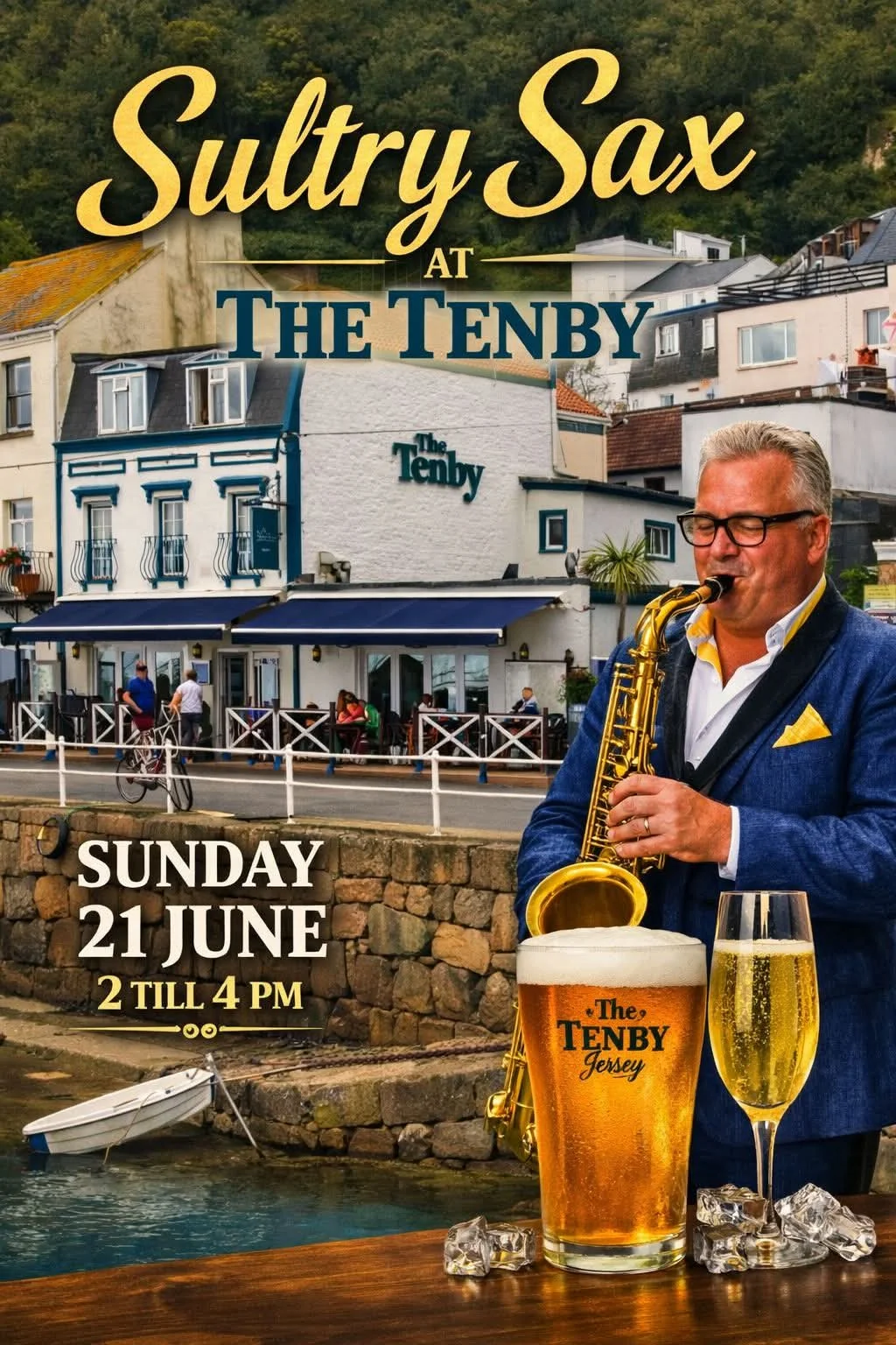 The cover of "Sunset at the Sea" by Simon Taitlin features a man in a blue suit playing a trumpet, with a serene harbor and white buildings in the background. The title is prominently displayed, and the cover design is visually appealing and informative.