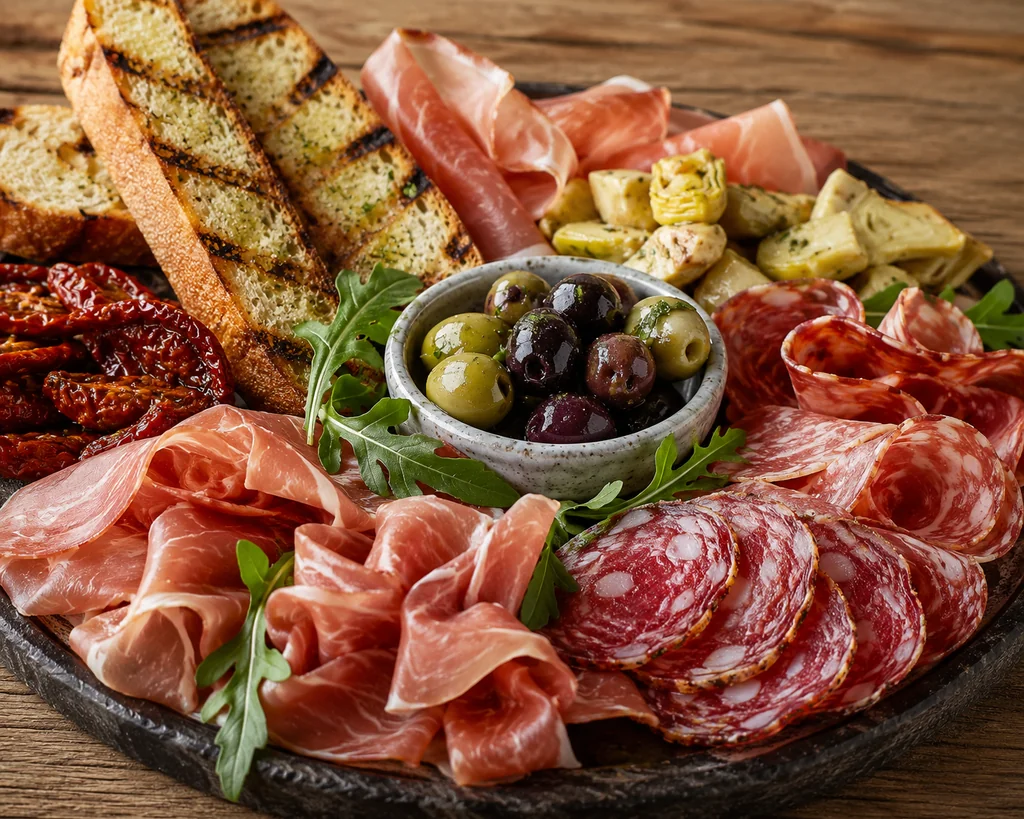 The image features a rustic wooden table with a large black platter filled with a variety of food items. The platter is divided into two sections: the top section has a variety of meats, including prosciutto, salami, and prosciutto and salami, while the bottom section has bread slices, olives, and a bowl of fresh herbs. The arrangement creates a visually appealing and appetizing spread.